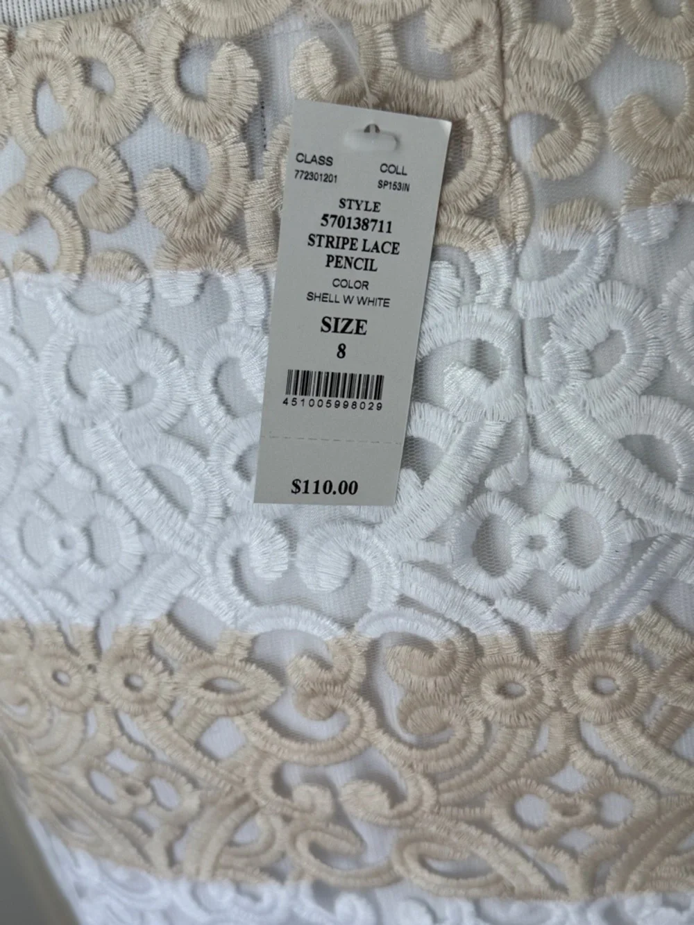 NWT WHITE HOUSE BLACK MARKET 8 STRIPED LACE PENCIL SKIRT WHITE TAN $110